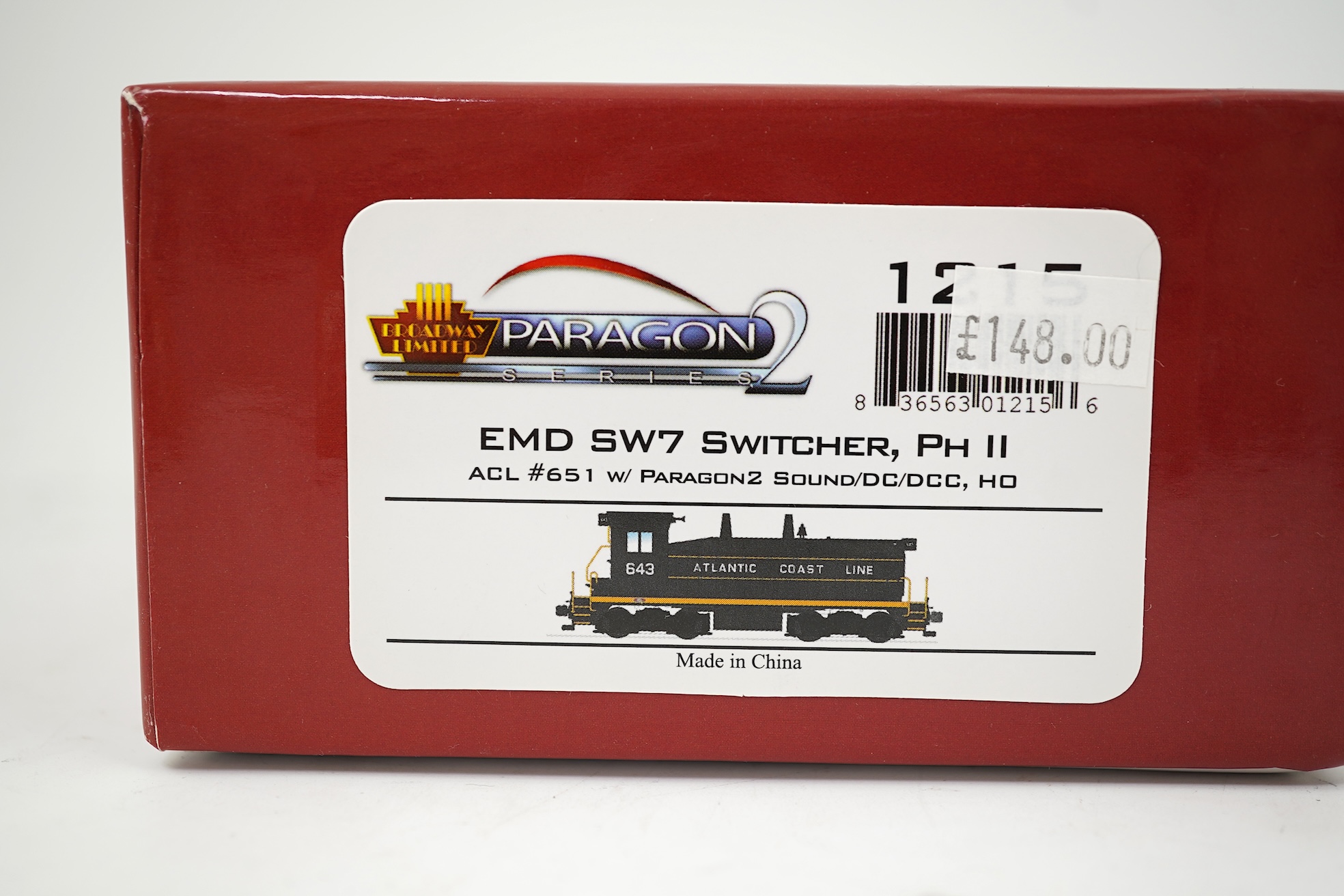 A boxed HO gauge Broadway Limited Paragon 2 Series (1215) model of Atlantic Coast Line, EMD SW7 Switcher PHII, 651, Bo-Bo diesel locomotive, powered for two rail operation.